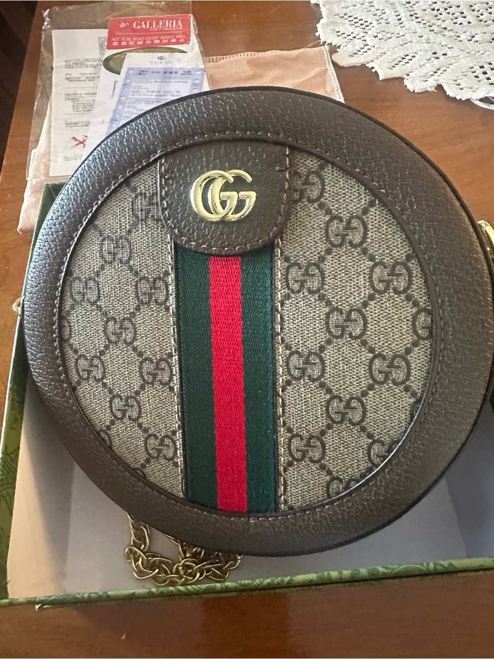 Brown Canvas Round Crossbody with Green-Red Web